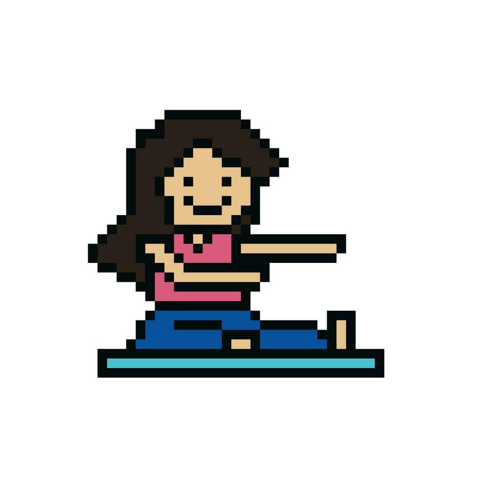 Cute pixel cartoon 8bit character woman aerobic yoga exercises training lifestyle vector for decoration life style 8 bit female exercise gym yoga fitness warm  vector.