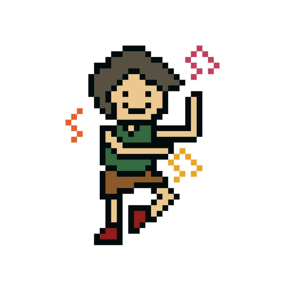 Cute pixel cartoon 8bit character man aerobic exercises training dance lifestyle vector for decoration life style 8 bit male exercise gym fitness warm up vector.