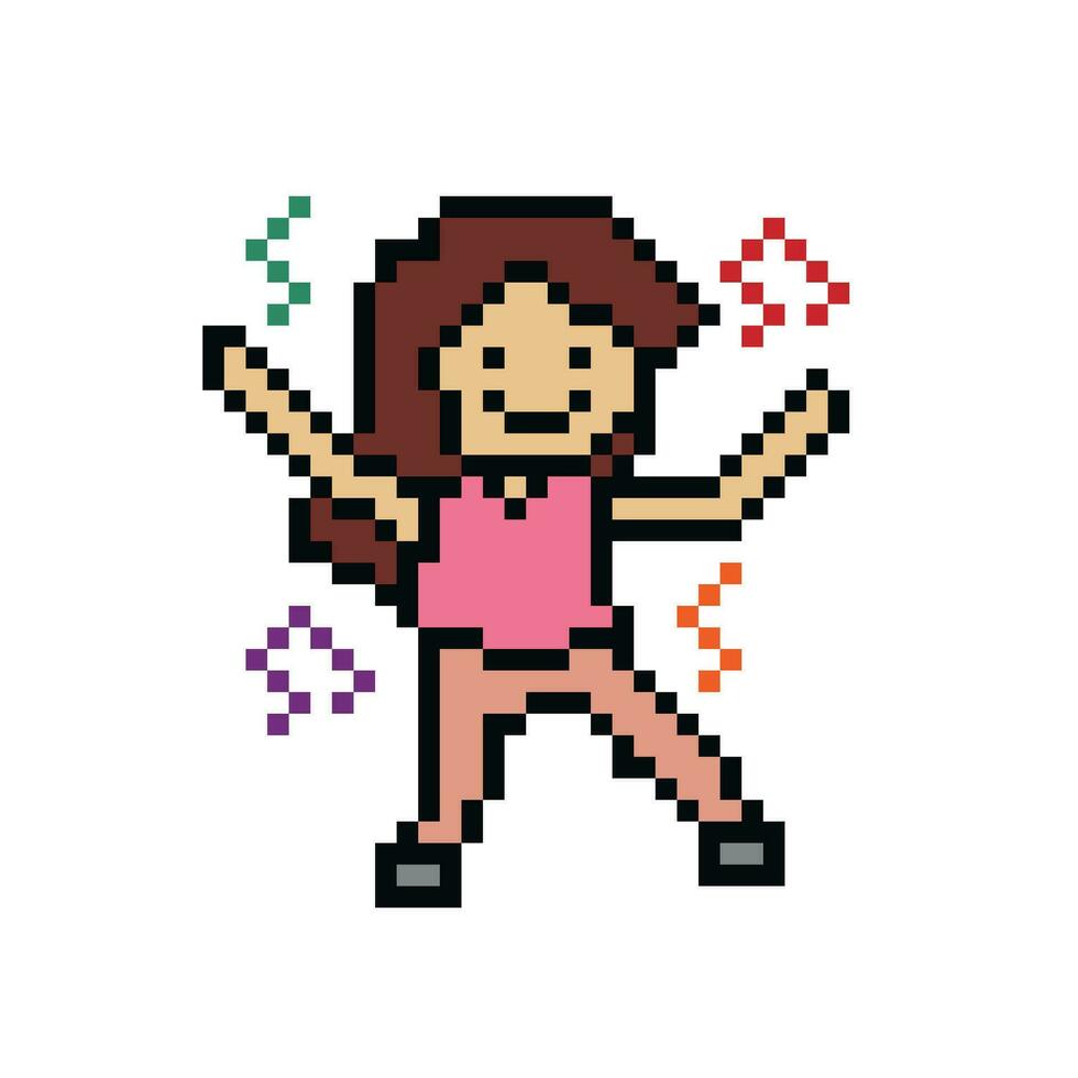 Cute pixel cartoon 8bit character woman aerobic exercises training dance lifestyle vector for decoration life style 8 bit female exercise gym fitness warm up vector.