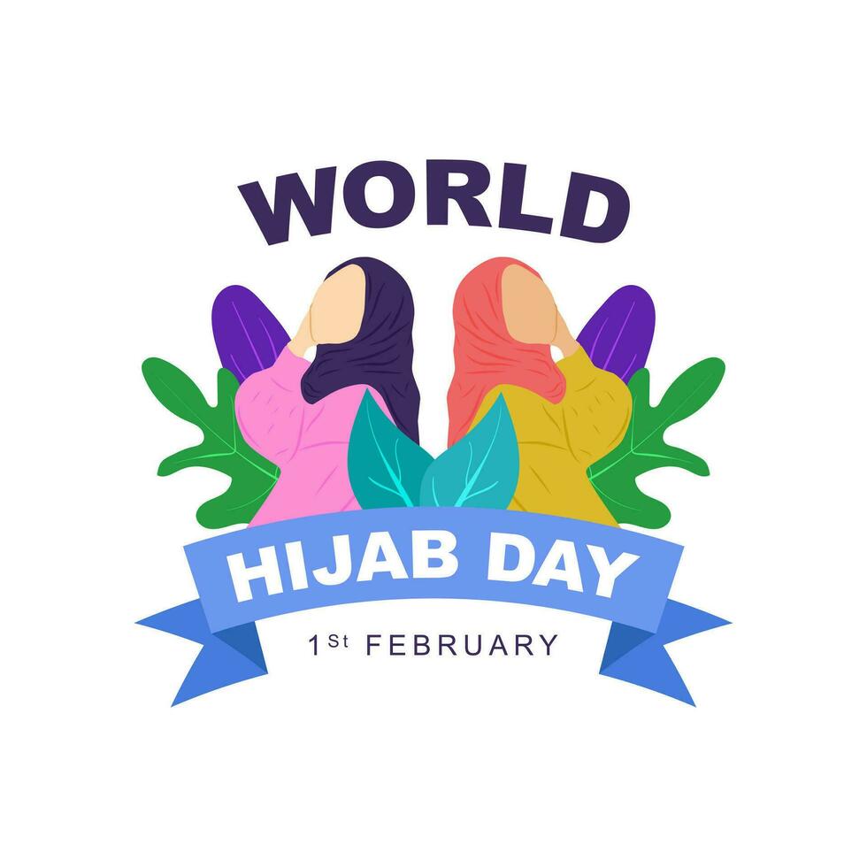 Vector illustration of World Hijab Day celebrated every year on February 1. Greeting card poster with muslim woman using hijab in flat style