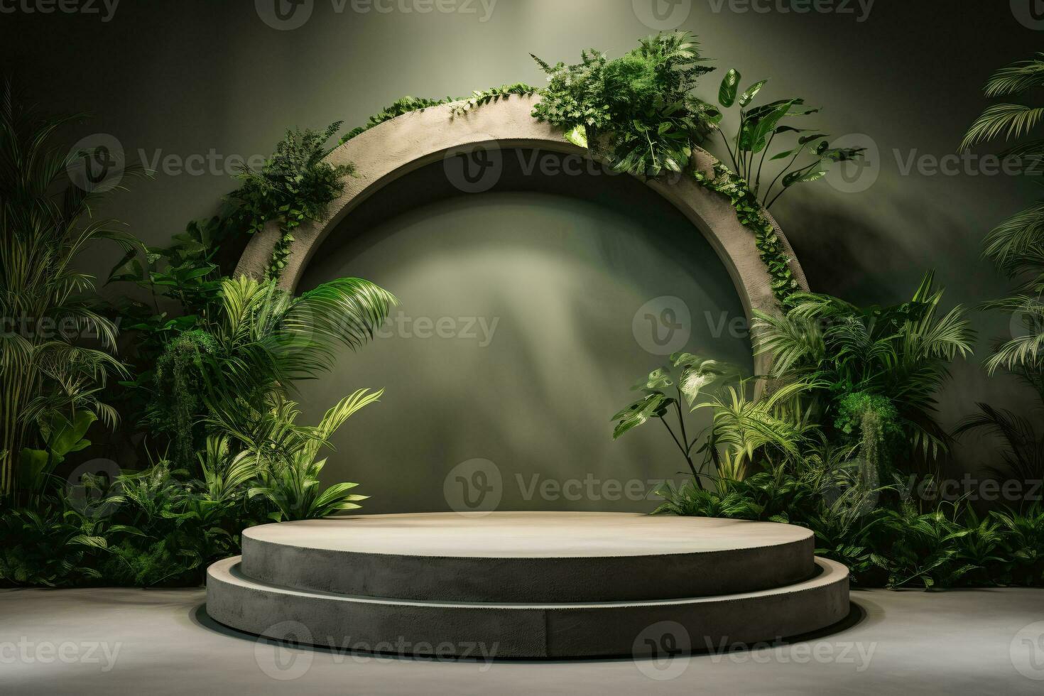 AI generated Beige Podium Product Display Presentation with Sandstone and Plants. Generative AI photo