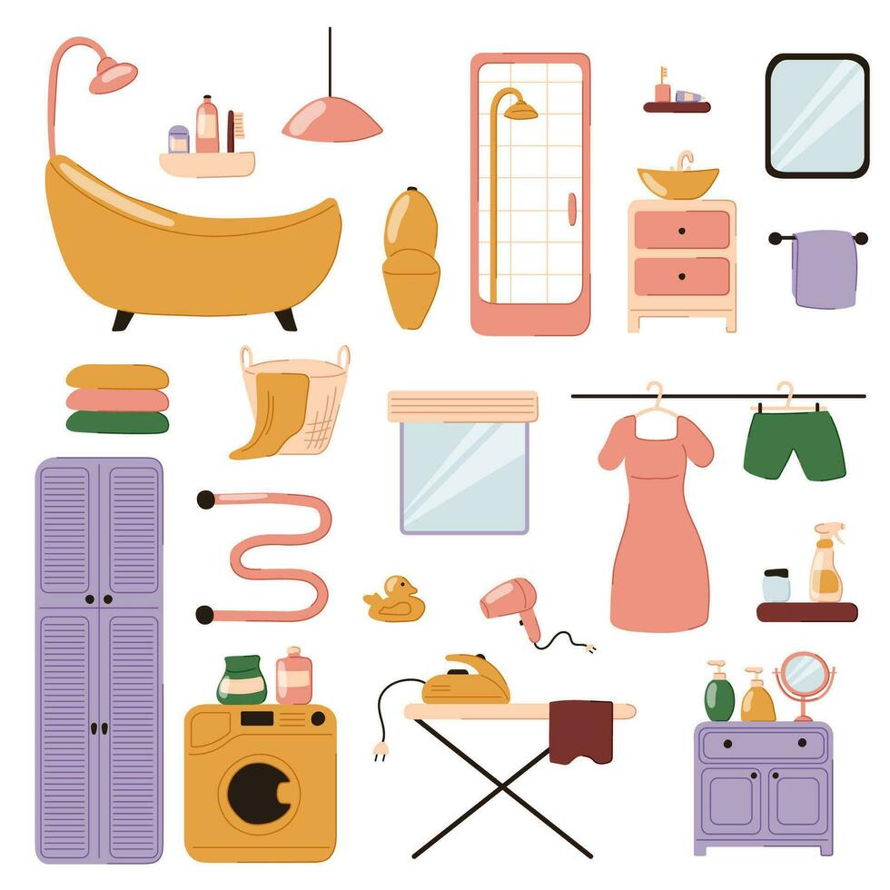 Set of bathroom interior doodle cartoon icons. Bathtub and shower cabin, sink table and mirror, washing laundry machine, care hygiene products, interior furniture. Vector illustration isolated.