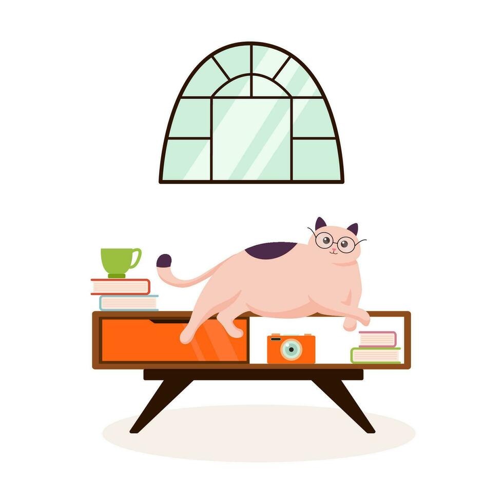 Cute cat sits on a coffee table. Interior room with a cat in flat style. Vector illustration cartoon style.