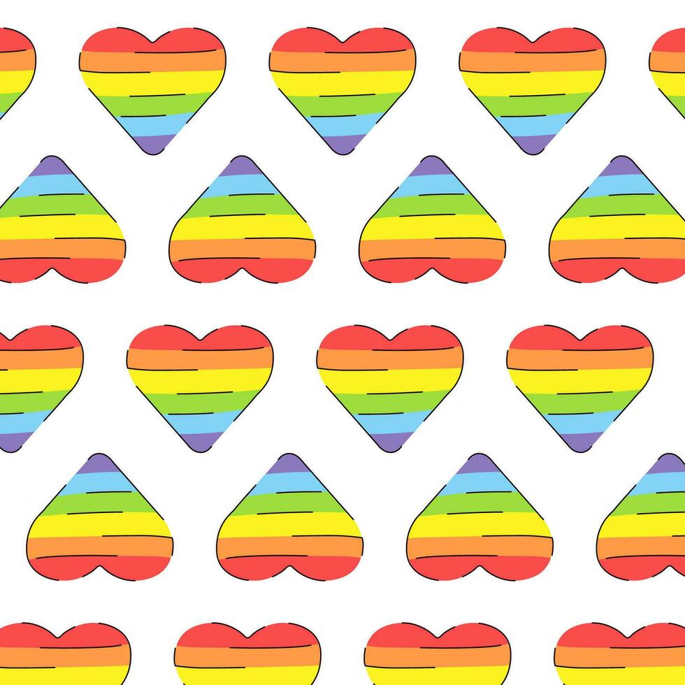 Vector seamless pattern with rainbow heart. Love pride month. Abstract doodle pattern. Gay parade, LGBT rights symbol. Background, pattern, wrapping paper, bag template, print for a packet.