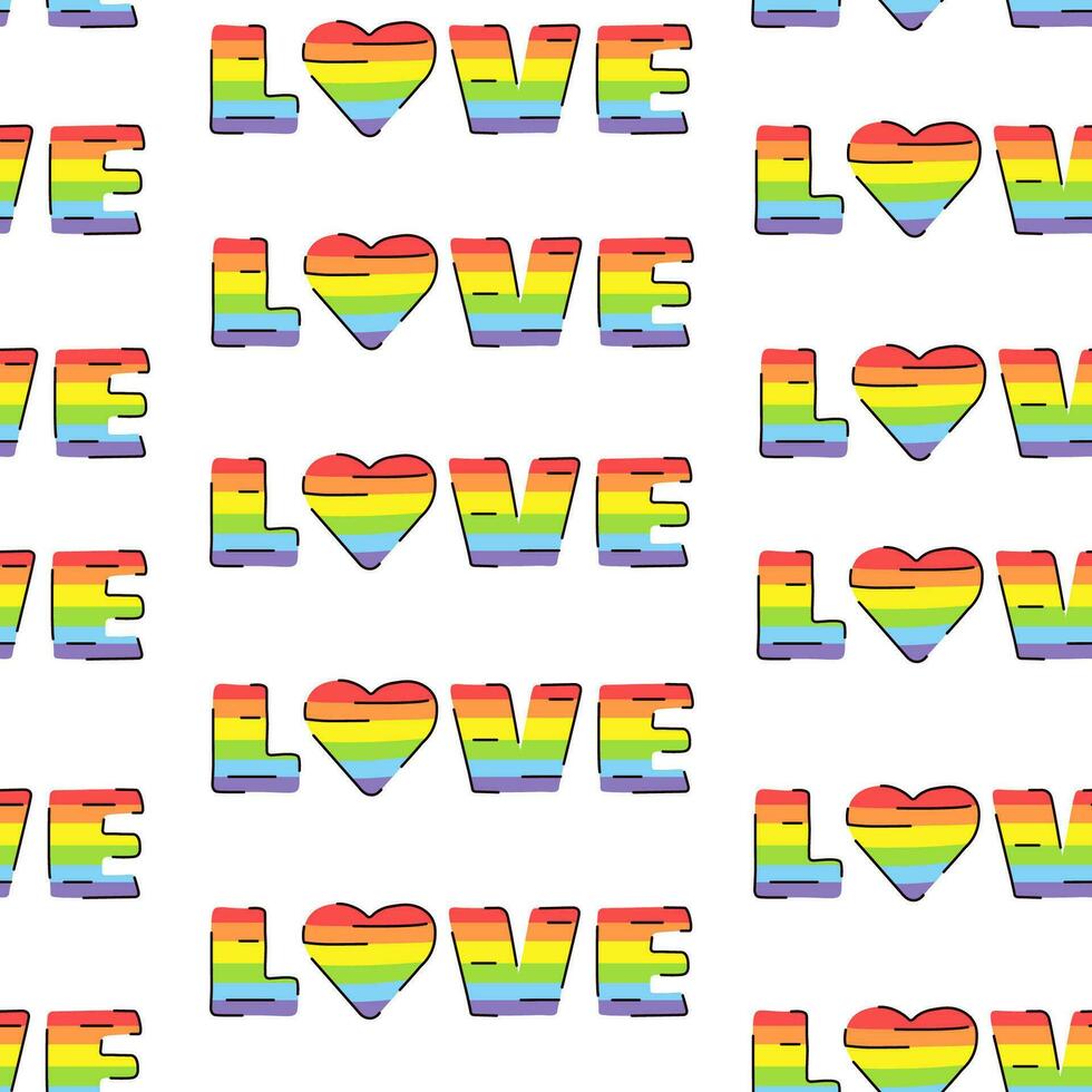 LGBTQ seamless pattern with words Love isolated on white background. Vector illustration in doodle, flat style.