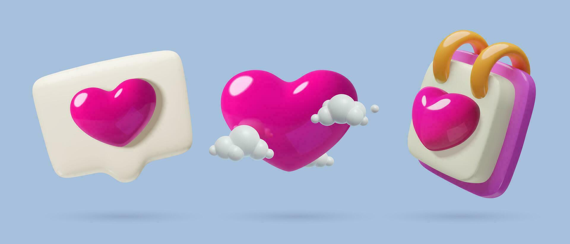 February 14 3D icons set. Valentine's Day calendar, social media speech bubble and purple heart with clouds. Romantic realistic three dimensional vector objects.