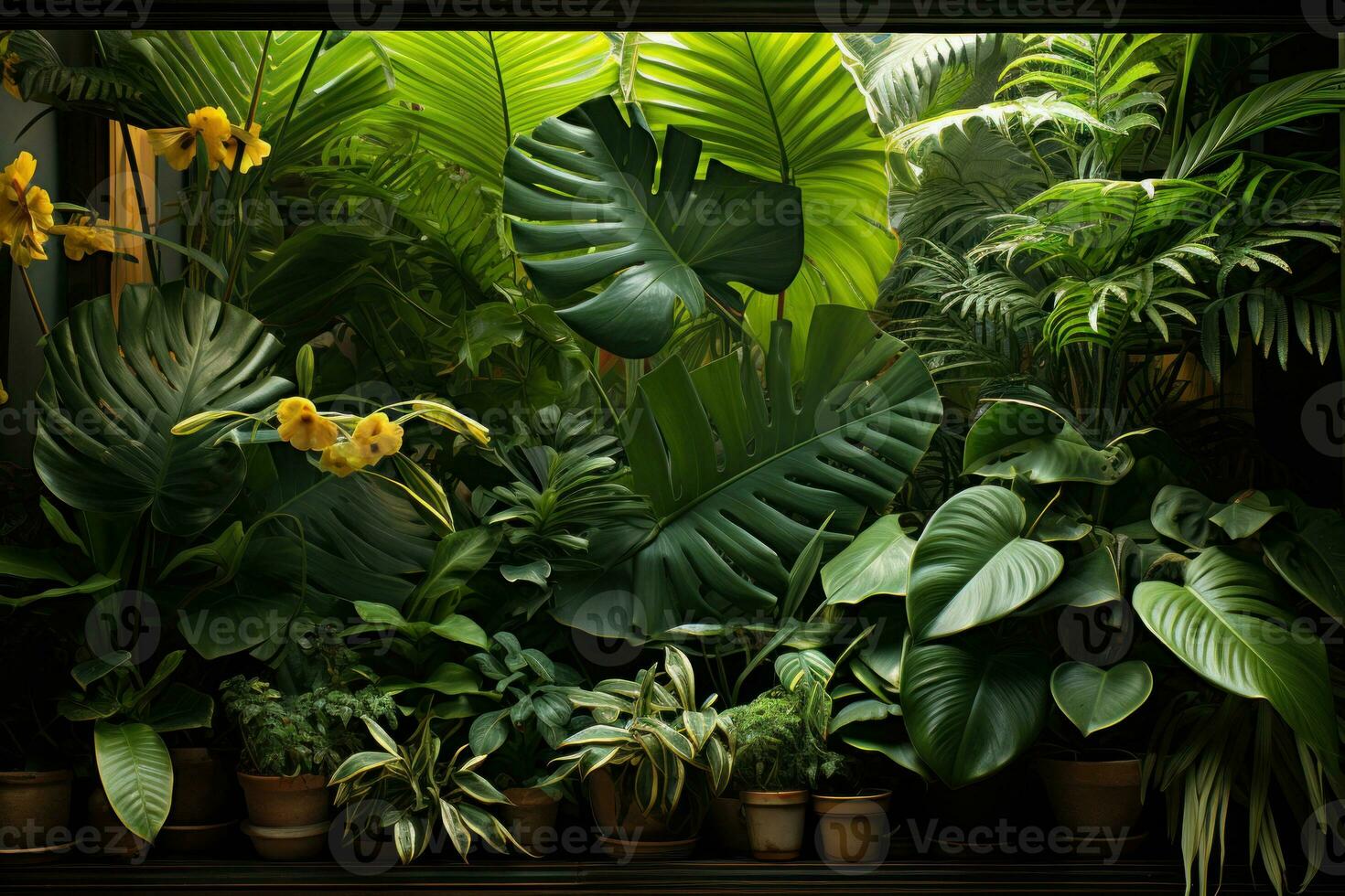 AI generated A warm and inviting atmosphere portrayed through sunlight filtering through dense green leaves, environmental concept photo