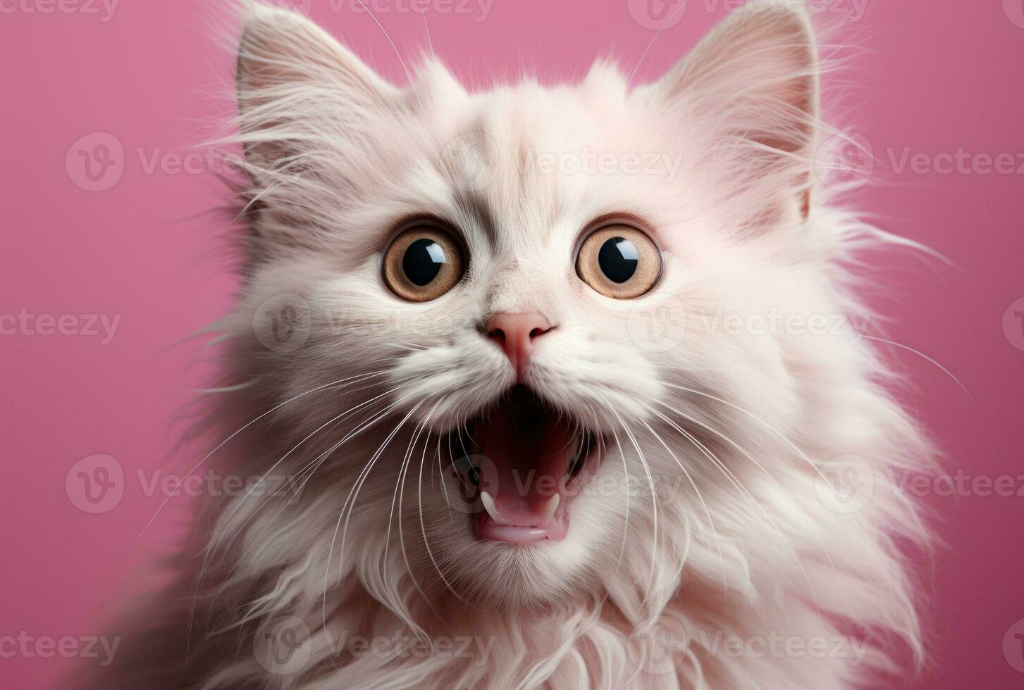 AI generated Cute cat yawning against pink backdrop, cute domestic pet image photo