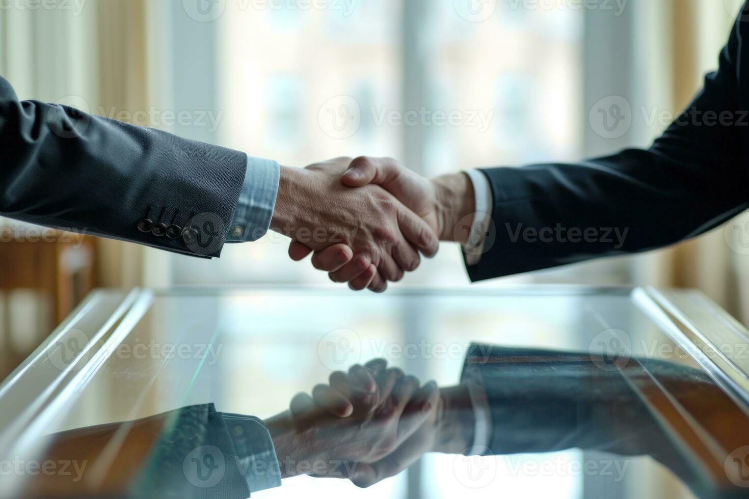 AI generated Two businessmen closing a deal with a firm handshake, business meeting image photo