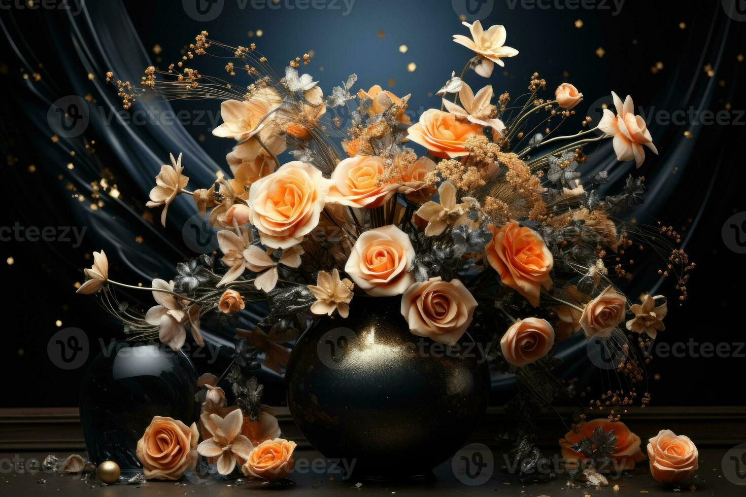 AI generated Cosmic inspired flowers in a celestial themed scene on a dark table, valentine, dating and love proposal image photo