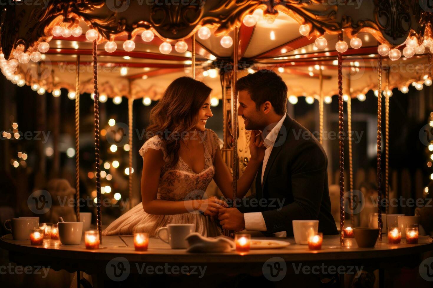 AI generated Couple seated dinner on a decorated vintage carousel, valentine, dating and love proposal image photo