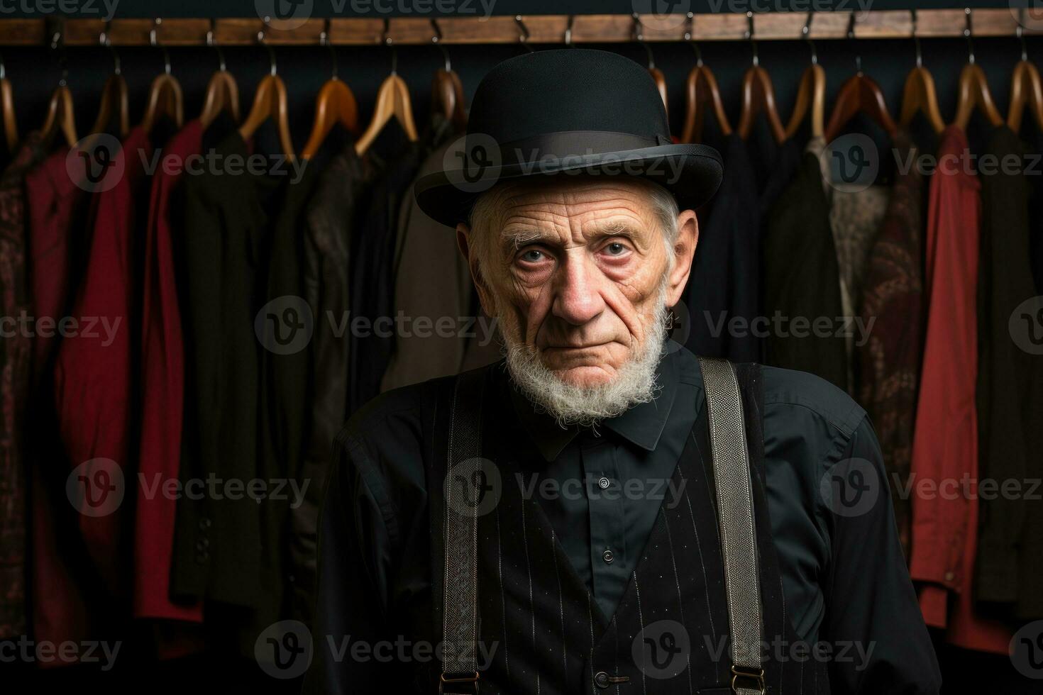 AI generated Old gentleman strikes a pose in black suspenders, diverse active seniors pictures photo