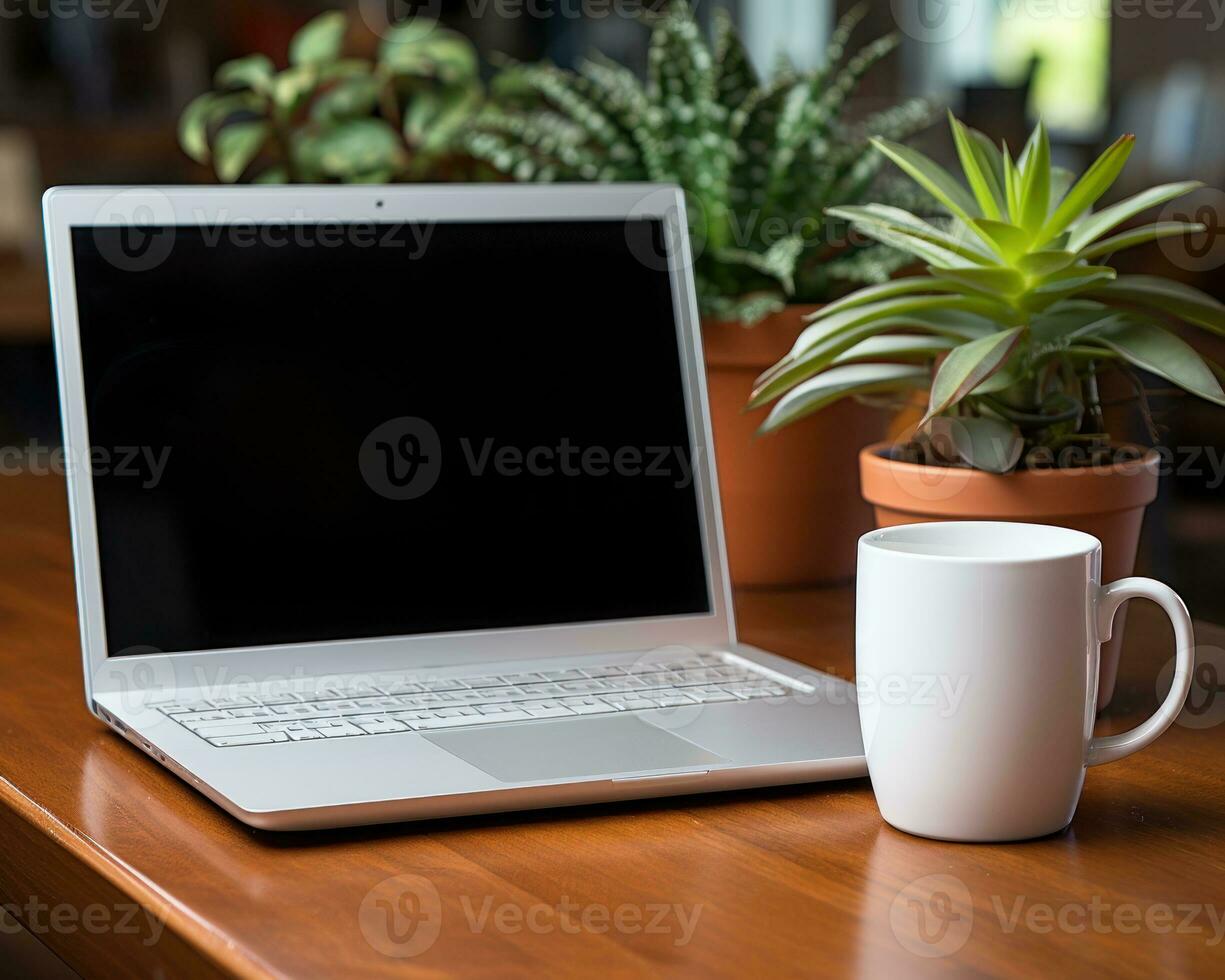 AI generated A laptop a desk and a cup of coffee, business meeting image photo