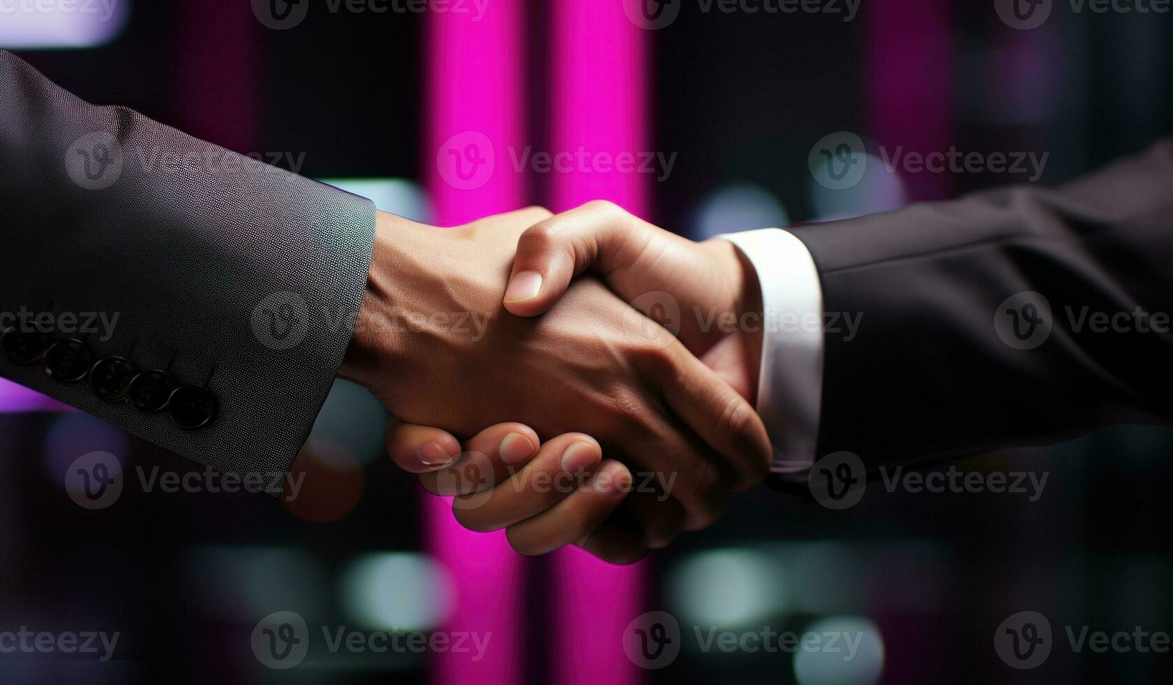ai generado socios en negocio intercambiar un firma apretón de manos, negocio reunión imagen foto
