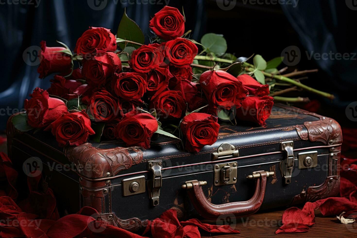 AI generated Red roses create a romantic atmosphere for the journey ahead, valentine, dating and love proposal image photo