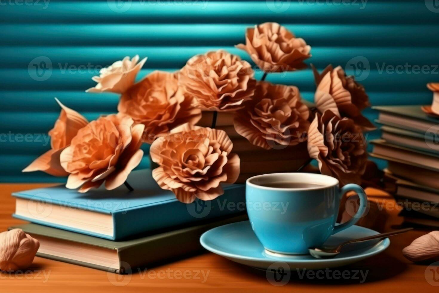 AI generated A serene composition of flowers a tea bowl and books resting on a table, educational photo