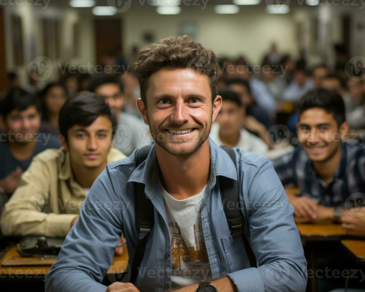 AI generated College students and instructor collaborate in classroom setting, education pictures for website photo