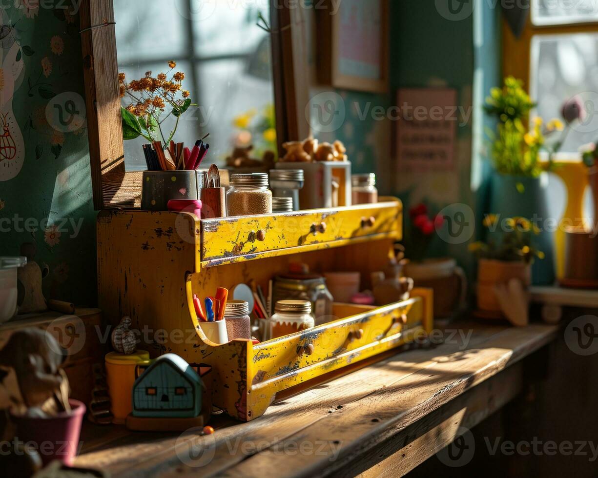 AI generated Cute wooden toy rack for children featuring a spacious mirror for imaginative play, diverse education and teachers day image photo