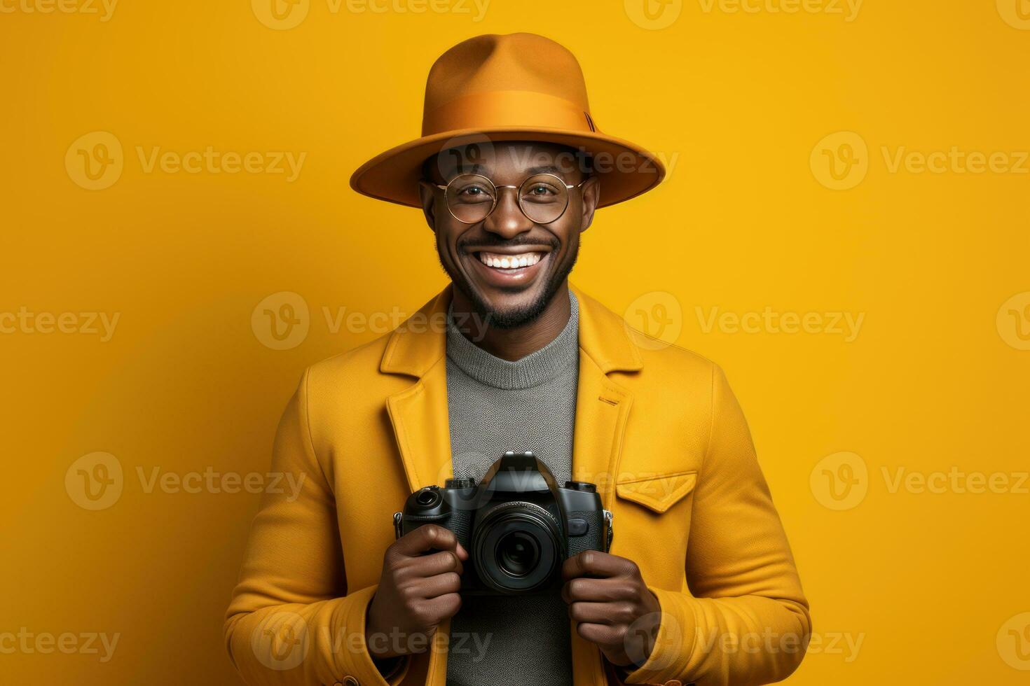 AI generated Man with camera and hat creates a striking image on orange, beautiful summer photo
