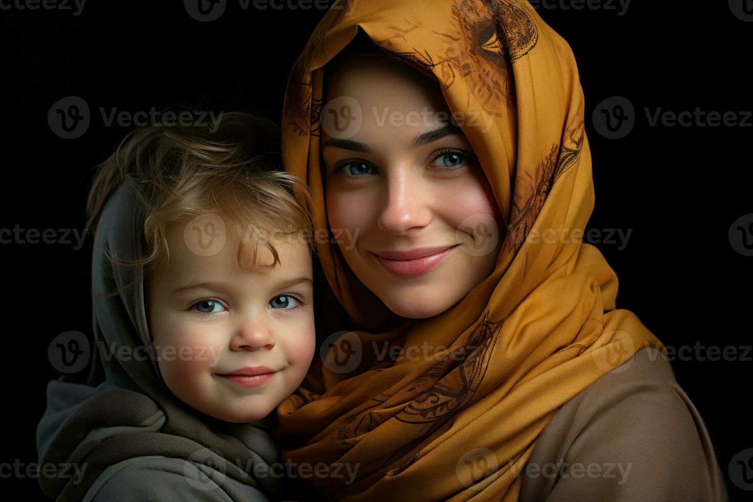AI generated Tender embrace of a muslim mom and her happy child, eid and ramadan images photo