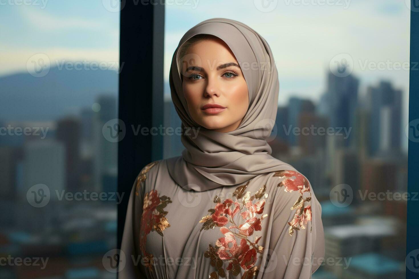 AI generated A muslim model strikes a pose in stylish modern attire against city backdrop, eid and ramadan images photo