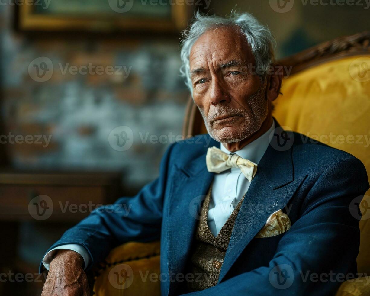 AI generated A classy older man in a tuxedo sits on a bright yellow chair, images of senior citizens photo