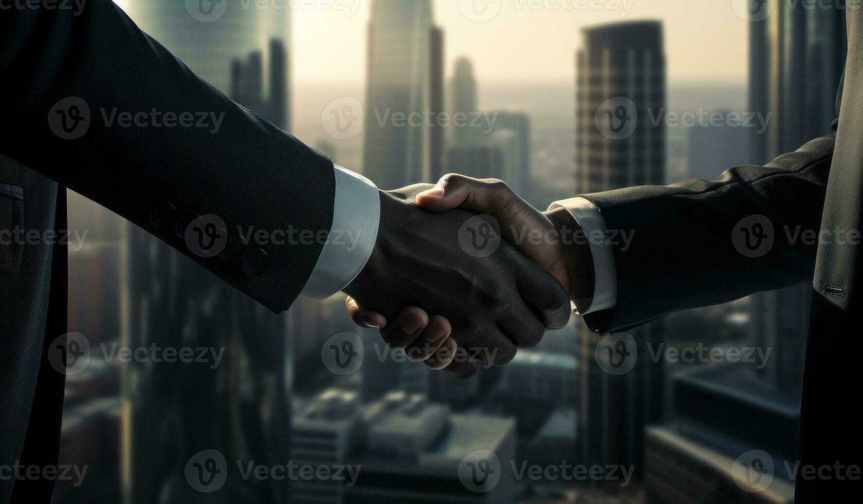 AI generated Smartly dressed men exchange a handshake in front of an impressive building, business meeting image photo
