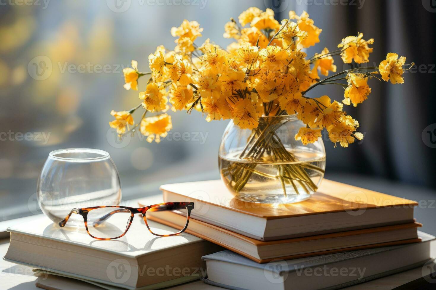 AI generated Glasses on books yellow flowers in a vase on a white background create a charming scene, educational photo