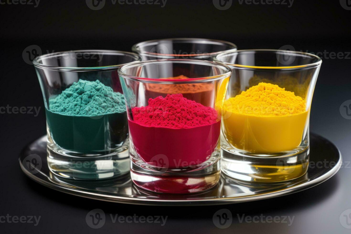 AI generated Three glasses bursting with colored powders, holi festival image download photo