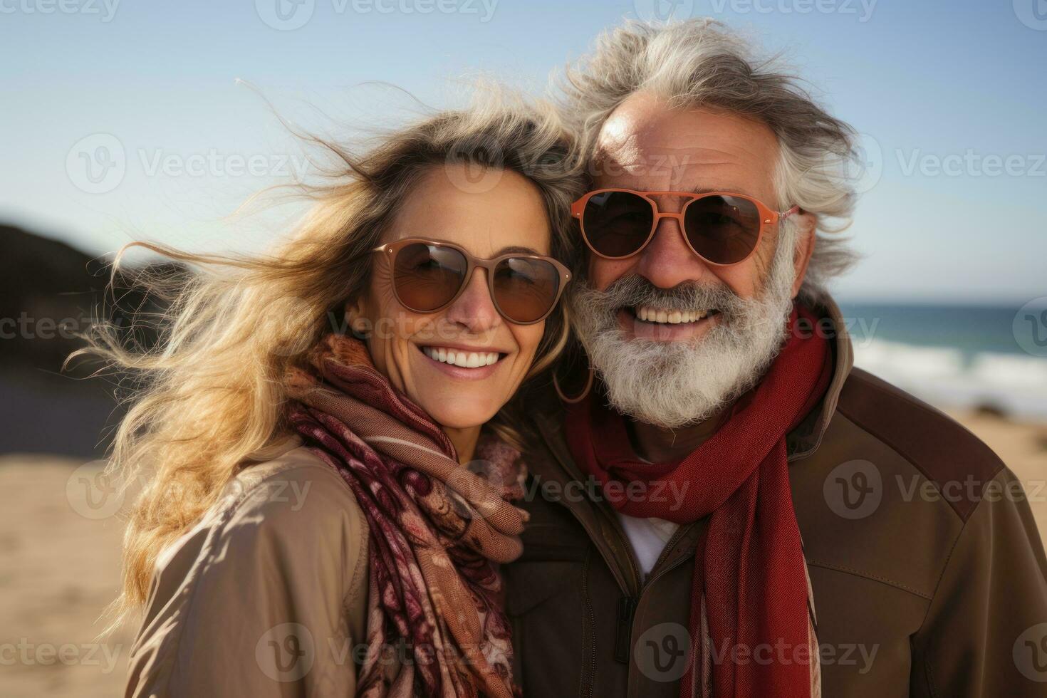 ai generado mayor Pareja compartiendo sereno playa momento, imágenes de mayor los ciudadanos foto