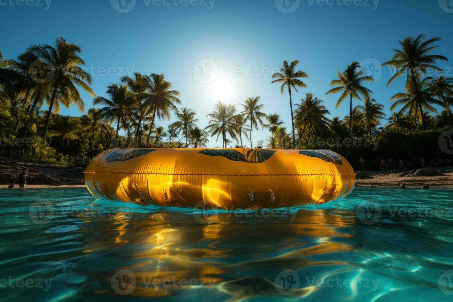 AI generated Golden pool float and palm trees in a summer setting, summer landscape image photo