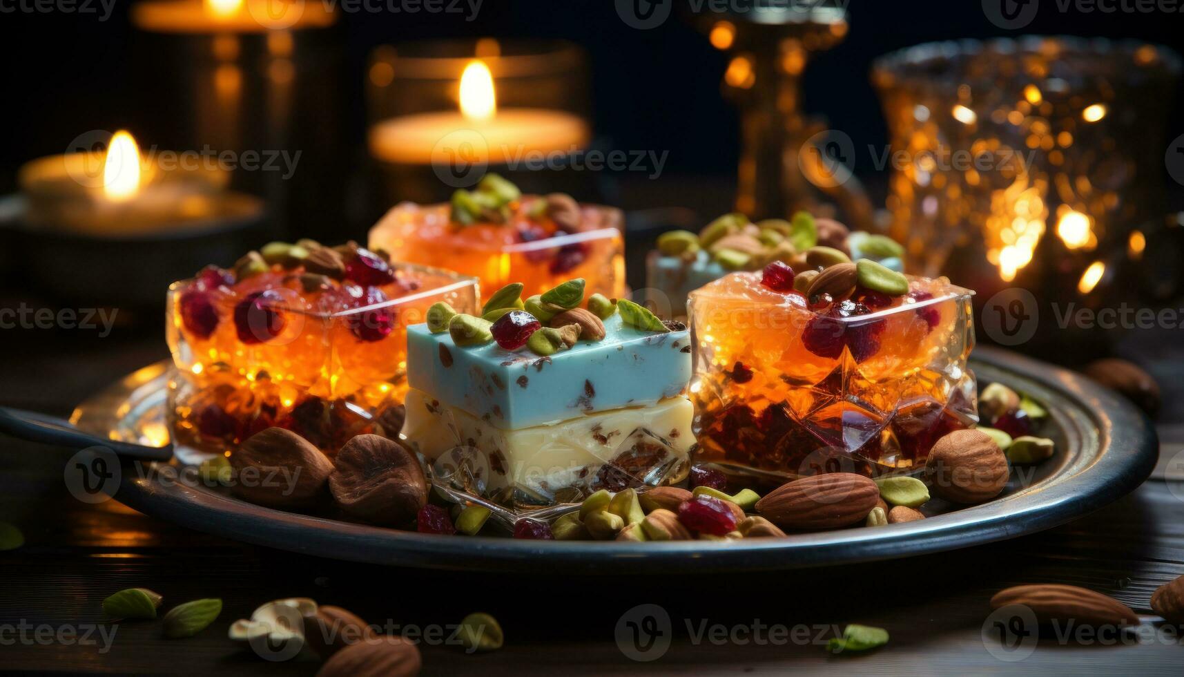 AI generated Tempting dessert ensemble with a medley of nuts and pistachios served on a wooden platter with ambient candlelight, eid and ramadan images photo