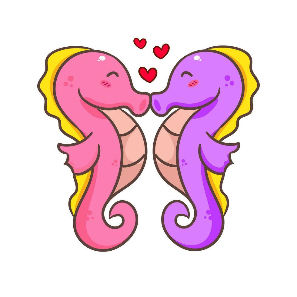 Cute couple seahorse cartoon character. Kawaii adorable animal concept design. Isolated white background. Hand drawn vector illustration.