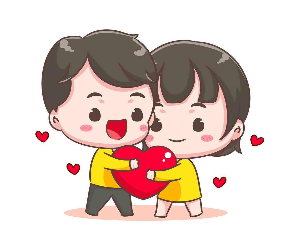 Cute lover couple hugging big love. Boy and girl hugging heart. Valentines day and relationships concept design. Chibi cartoon style vector illustration