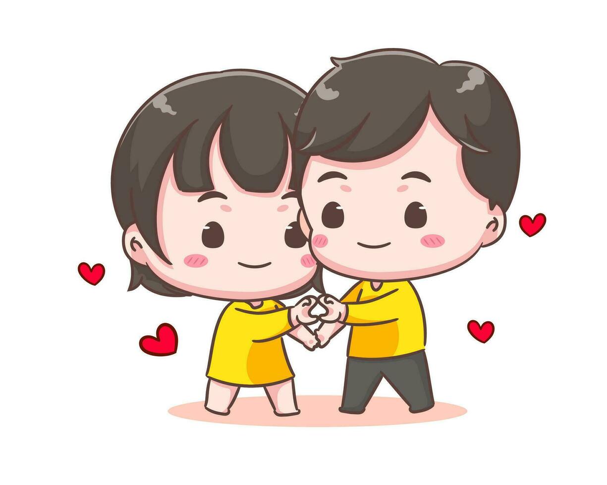 linda amante Pareja espectáculo corazón mano gesto. chico y niña demostrar amor firmar compartir afecto y cuidado. san valentin día y relaciones concepto diseño. chibi dibujos animados estilo vector ilustración