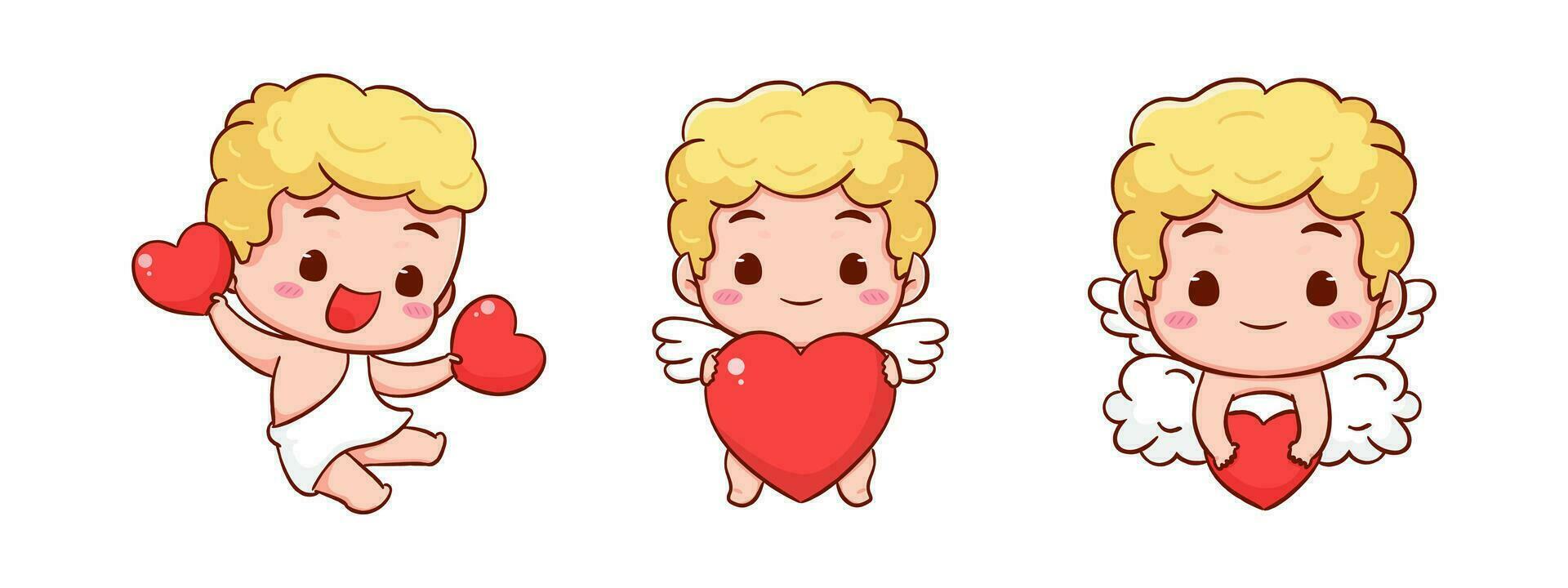 conjunto linda adorable Cupido dibujos animados personaje. amur bebés, pequeño ángeles o Dios Eros. san valentin día concepto diseño. adorable ángel en amor. kawaii chibi vector personaje. aislado blanco antecedentes.