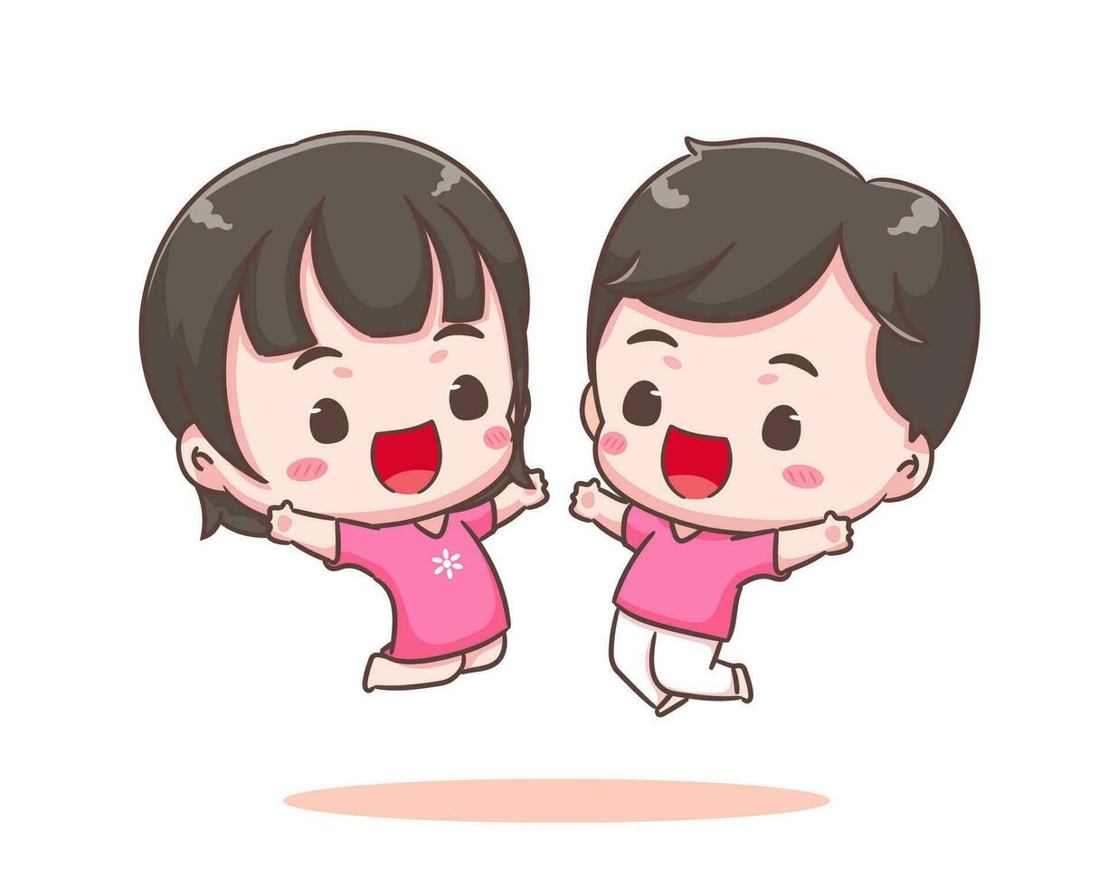 Cute lover couple spending time together. Happy Boy and girl jumping. Valentines day and relationships concept design. Chibi cartoon style vector illustration