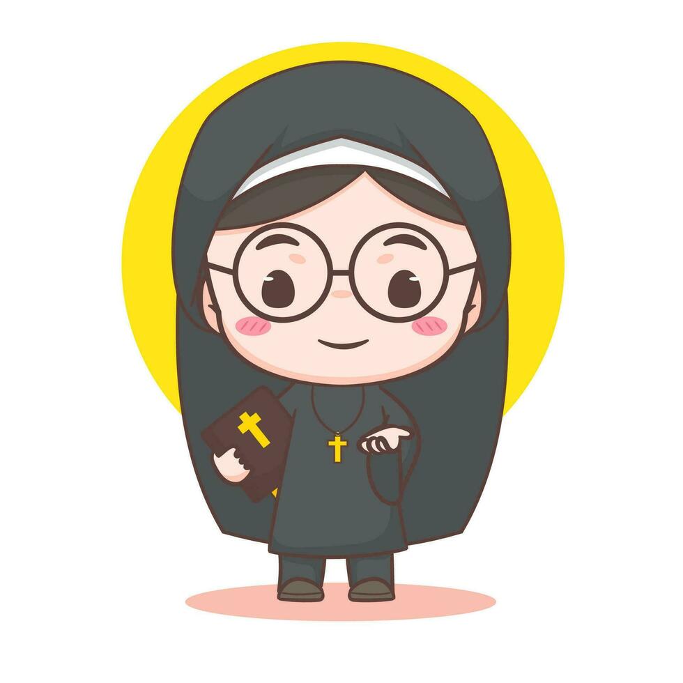 Cute nun cartoon character. Christian and catholic religion concept design. Profession illustration. Adorable chibi style vector