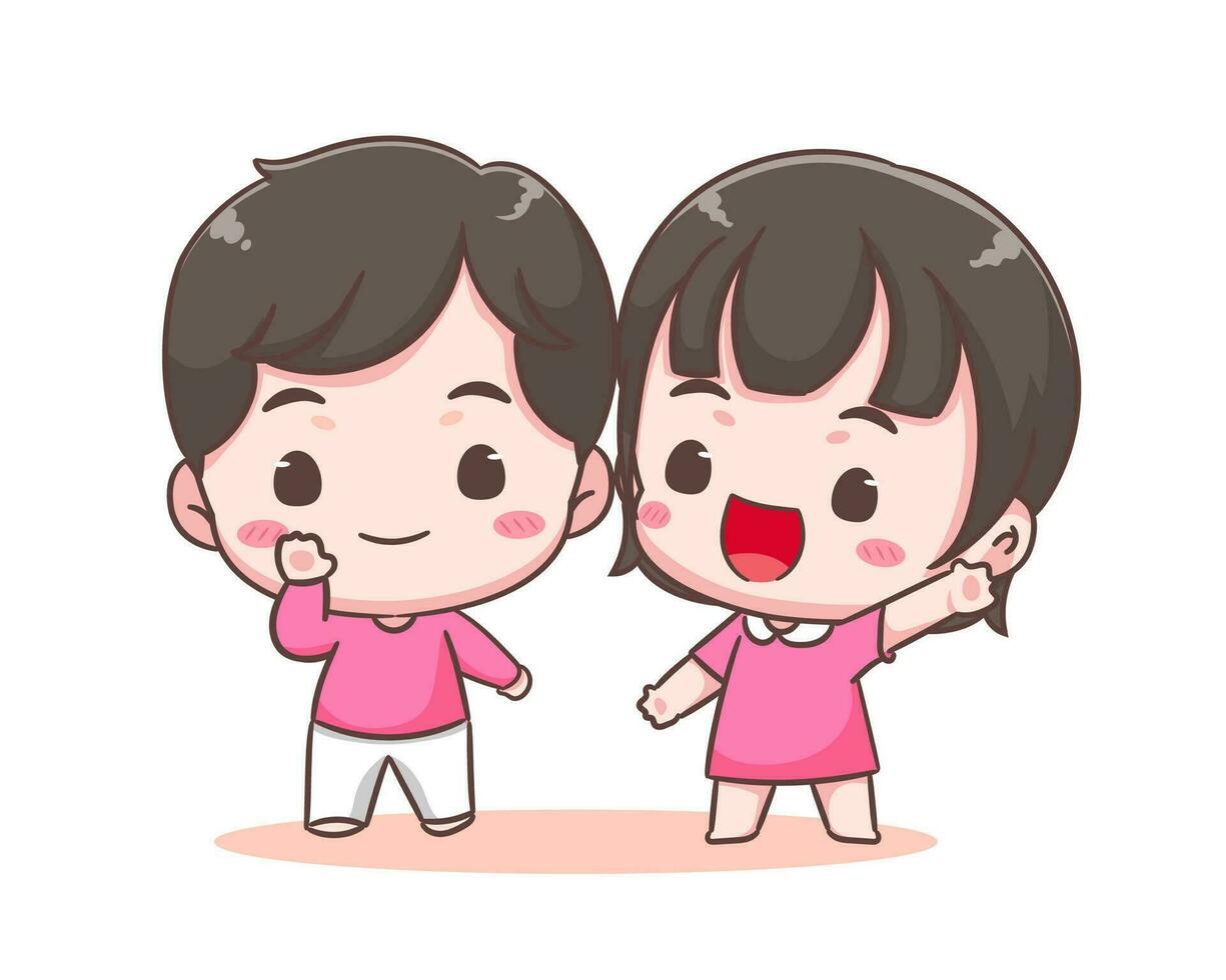 Cute lover couple spending time together. Boy and girl with greeting pose. Valentines day and relationships concept design. Chibi cartoon style vector illustration