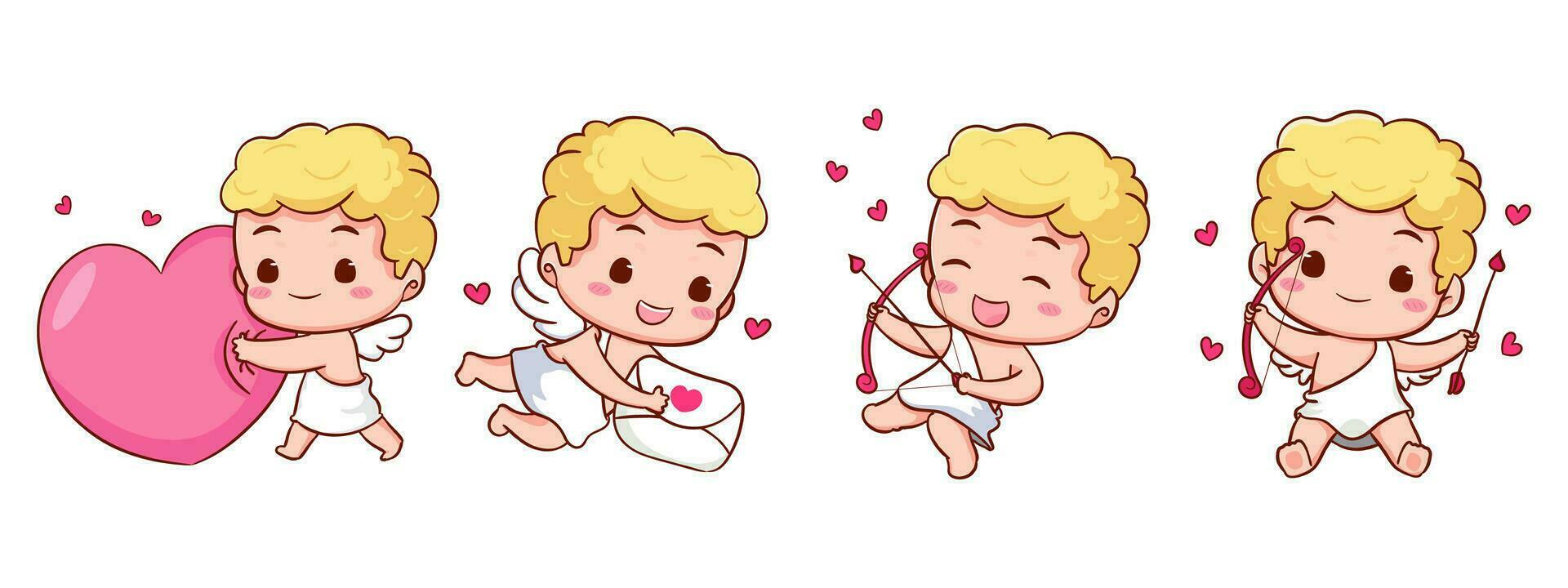 conjunto linda adorable Cupido dibujos animados personaje. amur bebés, pequeño ángeles o Dios Eros. san valentin día concepto diseño. adorable ángel en amor. kawaii chibi vector personaje. aislado blanco antecedentes.