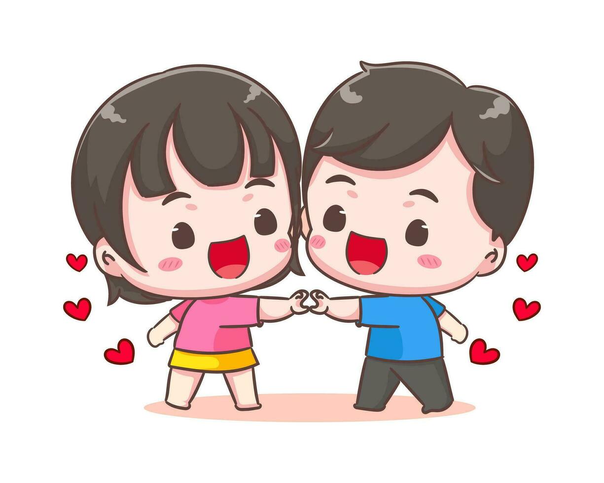 Cute lover couple show heart hand gesture. Boy and girl demonstrate love sign share affection and care. Valentines day and relationships concept design. Chibi cartoon style vector illustration