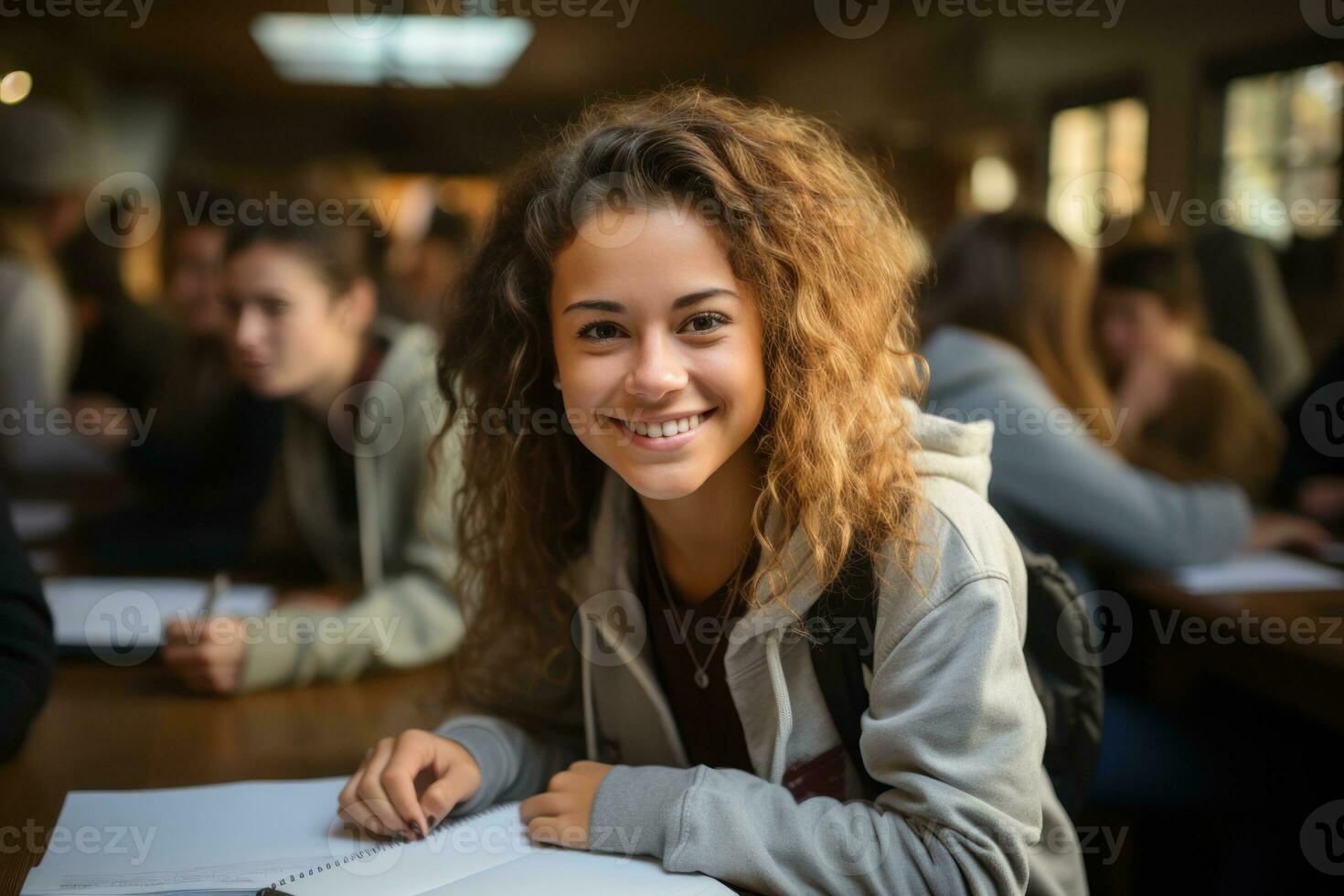 AI generated Scholars work on research essays in a collegiate learning environment, education pictures for website photo