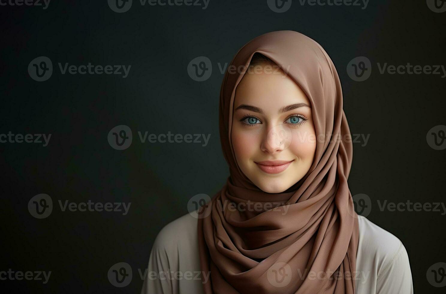 AI generated Cheerful hawaiian lady in hijab brings cultural fusion to stock footage on a clean white background, eid and ramadan images photo