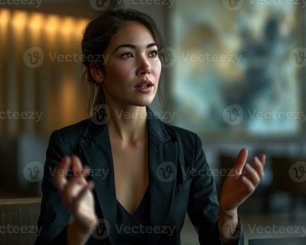AI generated A focused woman engaged in a business discussion, business meeting image photo