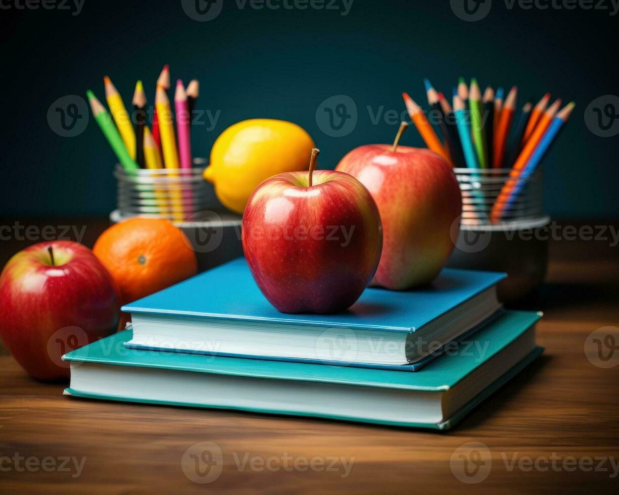 AI generated Prepare for success with a cheerful display of paper colored pencils and a ruler on a desk, education pictures for website photo