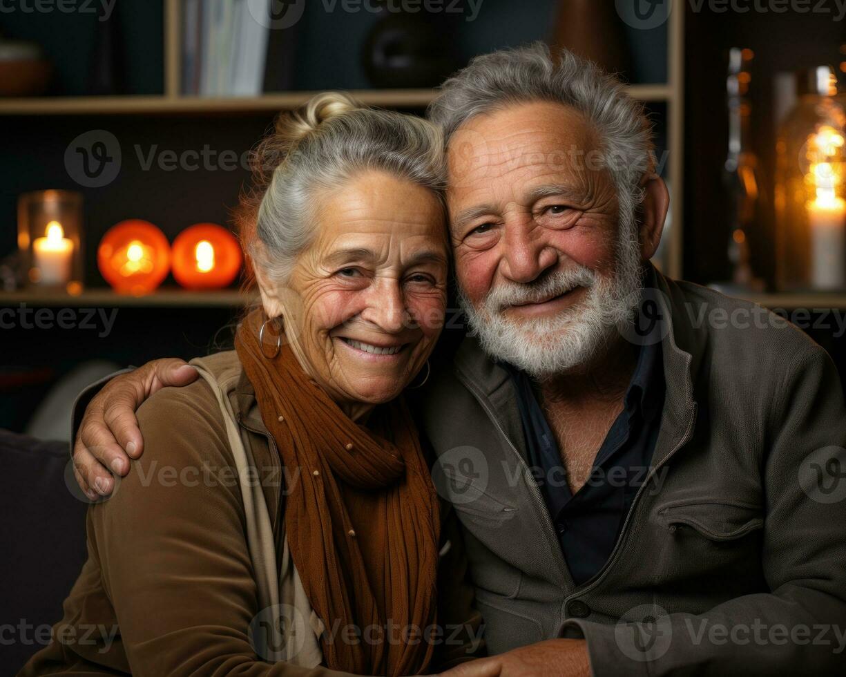 AI generated Senior couple embracing happiness at home, images of senior citizens photo