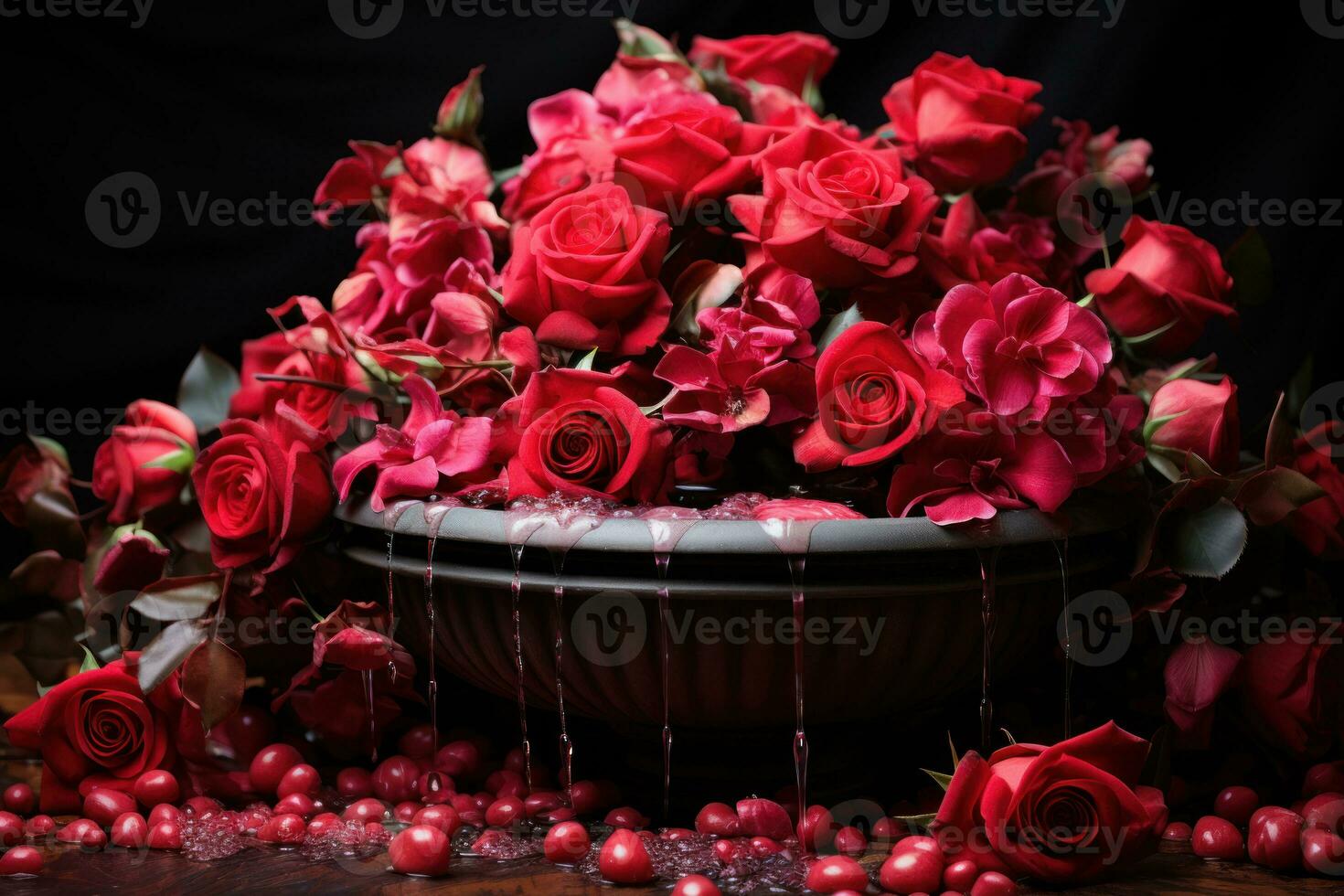 AI generated A romantic garden scene with a fountain encircled by vibrant red roses, valentine, dating and love proposal image photo