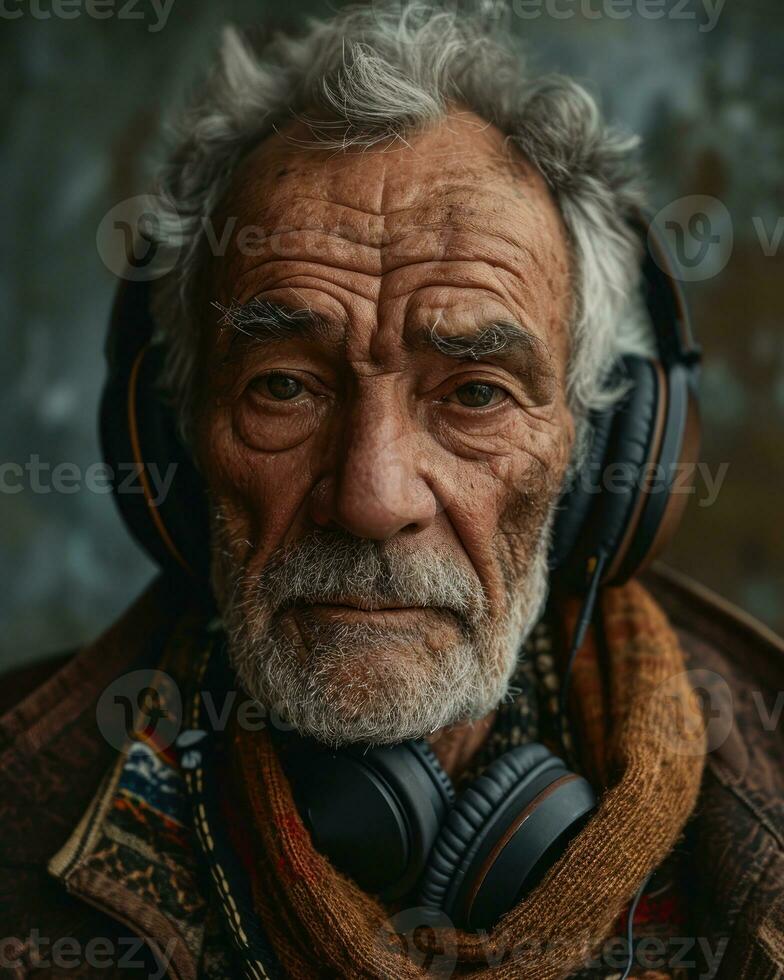 AI generated A retired gentleman music with headphone, happy active seniors images photo