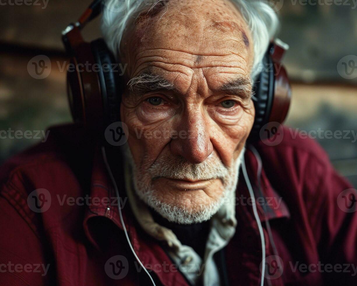 AI generated A grandpa enjoying music with headphone, images of senior citizens photo