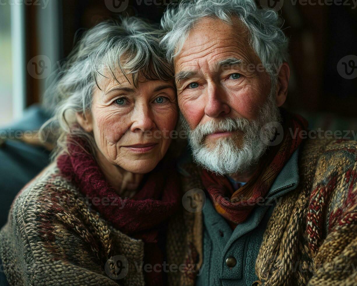 AI generated Senior couple sharing a peaceful moment on the sofa, images of senior citizens photo